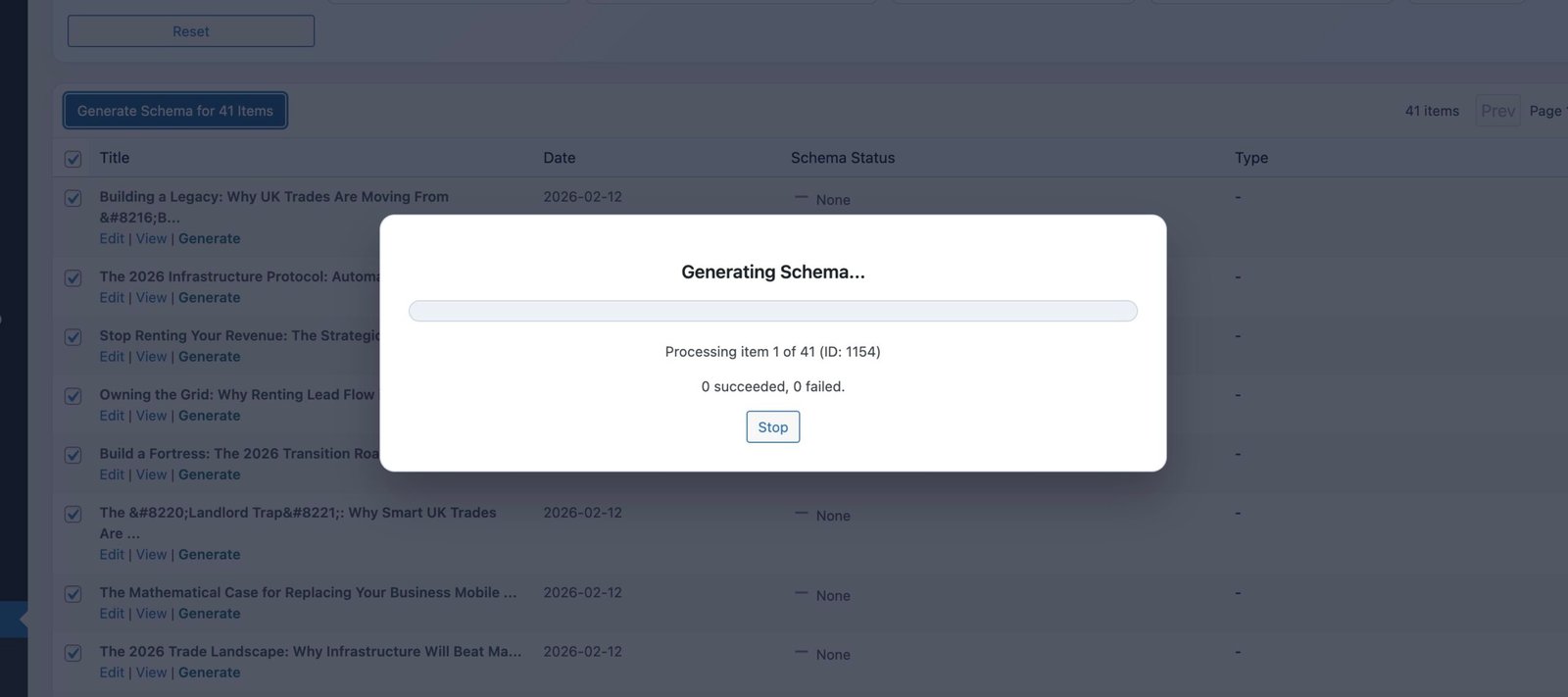 A dialog box displays Generating Schema... with a progress bar; Processing item 1 of 14, and options to stop the process. Background shows a blurred data table.